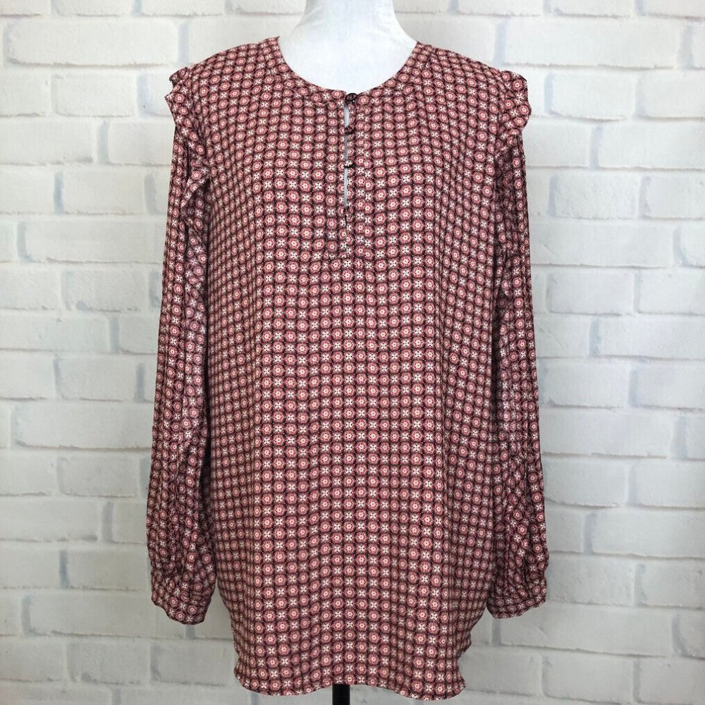 LOFT Red & Black Ruffle Long-sleeved Blouse